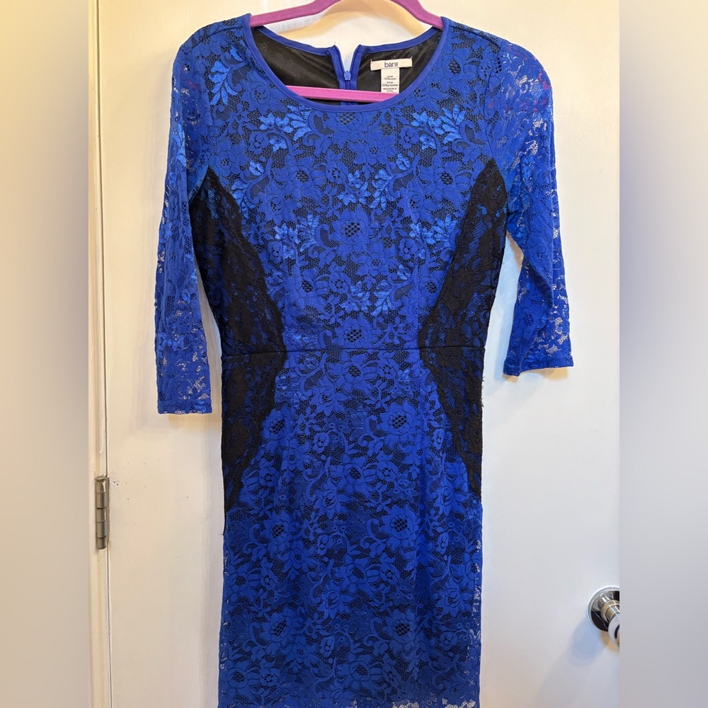 Cobalt Blue Bodycon Dress with Black Lace 3/4 Sleeves